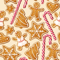 Winter seamless patterns with gingerbread cookies
