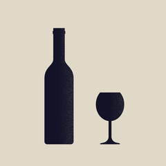 Silhouette of bottle of wine and glass. 