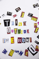 A word writing text showing concept of Think Outside The Box made of different magazine newspaper letter for Business case on the white background with copy space