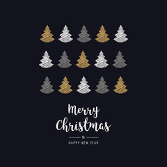 christmas trees scribble drawing greeting card golden white black background