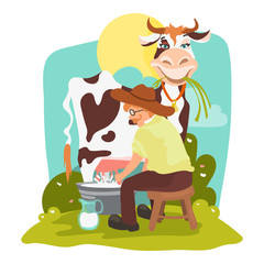 Rural beautiful landscape with farmer in the hat milking funny cow chewing the grass . Vector illustration in cartoon, flat style