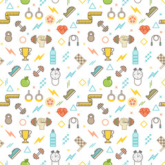 Seamless illustrated fitness themed line style vector pattern with weights, dumbbells, champion cups, water bottles and other sports related objects and icons mixed with abstract shapes. 
