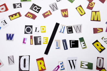 A word writing text showing concept of Old Life New Life made of different magazine newspaper letter for Business case on the white background with copy space