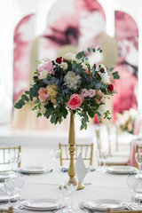 Photo of served buffet table and bouquet