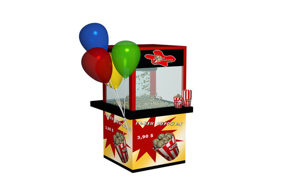 Popcornmaschine mit frischem Popcorn und Luftballons