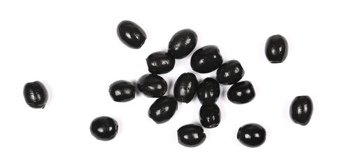 Black olives isolated on white background, top view