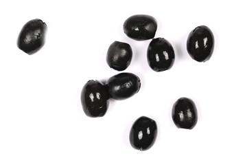 Black olives isolated on white background, top view