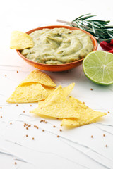 Bowl of guacamole with tortilla chips on white background