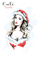 Hand drawn cute woman in santa red hat. Beautiful young woman portrait. Sketch. Vector illustration.