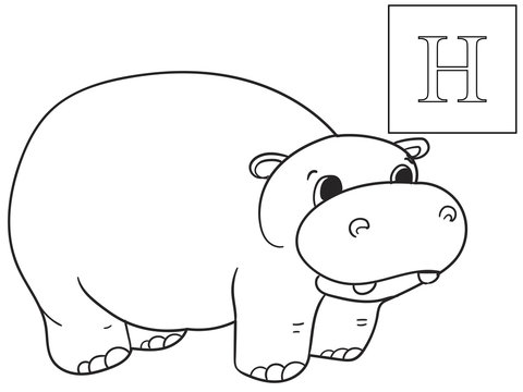 Learn the name of African animals. Inscription Hippopotamus. Educational game vector. ABC coloring