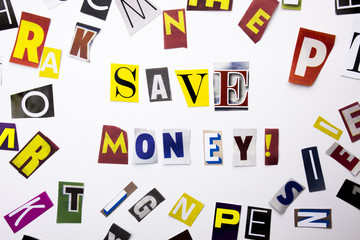 A word writing text showing concept of Save Money made of different magazine newspaper letter for Business case on the white background with copy space