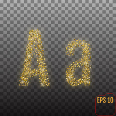 Vector Alphabet. Gold letter A on transparent background. Gold alphabet logo. Golden confetti and glitter concept. Font style - vector illustration.