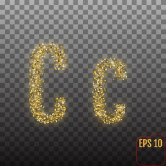 Vector Alphabet. Gold letter C on transparent background. Gold alphabet logo. Golden confetti and glitter concept. Font style - vector illustration.
