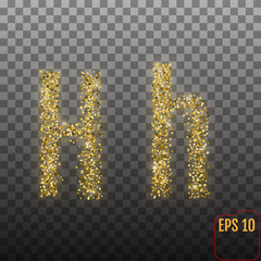 Vector Alphabet. Gold letter H on transparent background. Gold alphabet logo. Golden confetti and glitter concept. Font style - vector illustration.