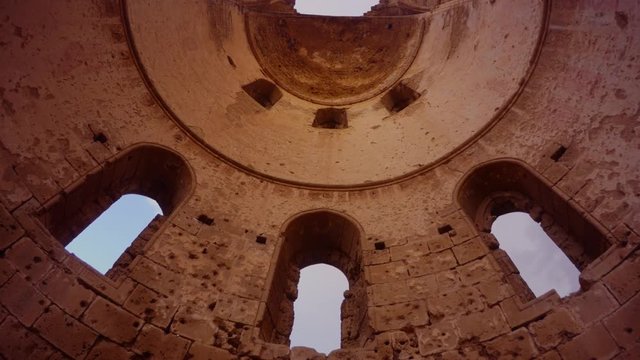 dome of St. George Greek Orthodox Church ruined and abandoned, bottom view