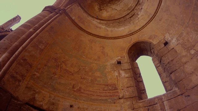 dome of St. George Greek Orthodox Church ruined and abandoned, bottom view