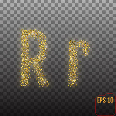 Vector Alphabet. Gold letter R on transparent background. Gold alphabet logo. Golden confetti and glitter concept. Font style - vector illustration.