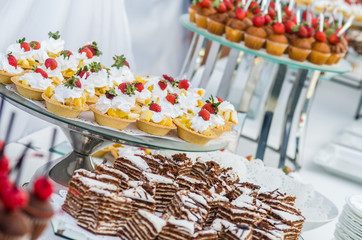 catering, buffet table with desserts