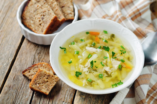 Zucchini Chicken Soup with bread