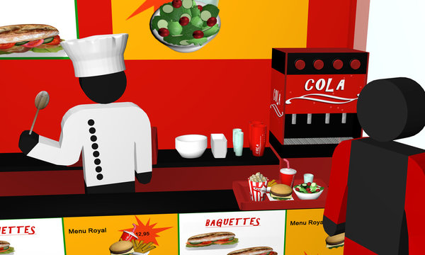 Fast Food Imbiss von innen, mit Figuren in Nahaufnahme