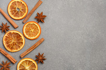 Christmas Background with Winter Spices and Slices of Dried Orange Top View Flat Lay Horizontal Copy Space