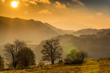 Sunrise in Bieszczady Carpathian Mountains in Poland at autumn