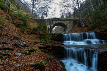 Beautiful autumn waterfall in the forest.