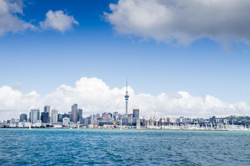 Naklejka premium view of Auckland CBD, city center, with sky tower from under the bridge, new zealand