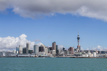 view of Auckland CBD, city center, with sky tower from under the bridge, new zealand