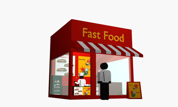 Fast Food Imbiss mit Figur am Eingang und Koch im Inneren.