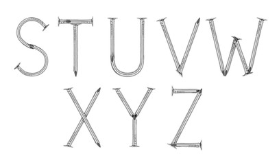 Alphabet made from nails on white background ( part 3 ). Letters S,T,U,V,W,X,Y and Z.