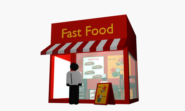 Fast Food Imbiss mit Figur am Eingang.