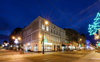 Fototapeta premium The street in Katowice decorated by christmas lights