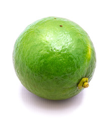 One whole green lime isolated on white background.