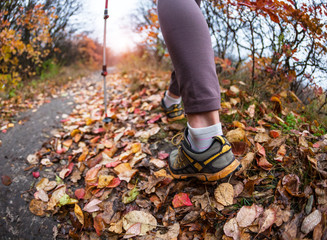 A girl with trekking sticks.