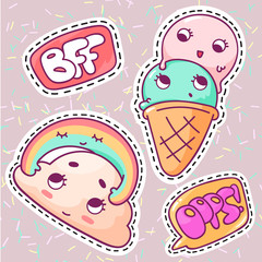 Isolated illustrations - great for stickers, embroidery, badges. Cool patch set in pop art style. 90s patch badges and pins with cartoon ice cream, cloud and rainbow.