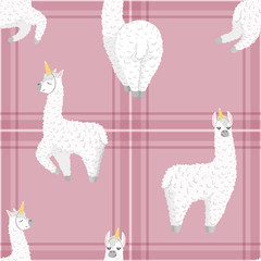 seamless pattern with cute cartoon lama alpaca with unicorn horn.polka dot seamless background.Vector Illustration.unique design for cards, posters,t-shirts,invitations. wrapping paper design