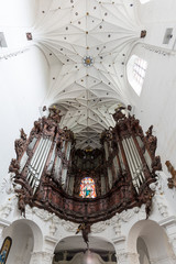 Great Oliwa organ at the Oliwa Archcathedral in Gdansk, Poland, viewed from below.