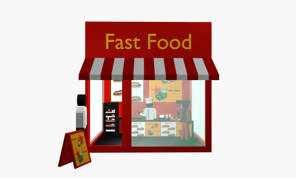 Fast Food Imbiss mit Figuren. Ansicht von vorne.