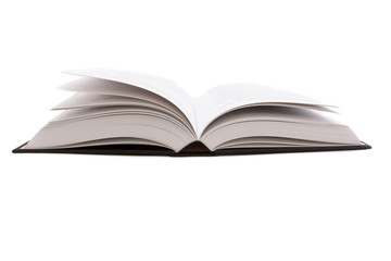Opened big black book on white background