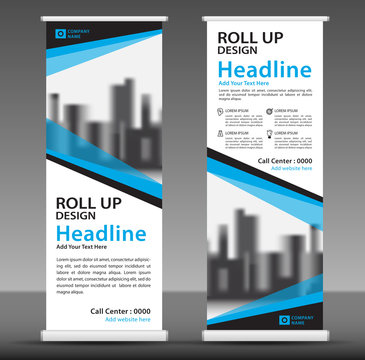 Blue Roll Up Banner Template. Business Banner Layout. Stand Out. Flyer. Pull Up. Presentation. Brochure. Poster. Advertisement. Print Media