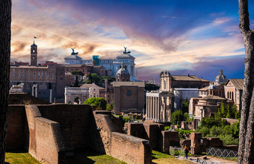 Ruins of Roman's forum at sunset. Rome. Italy