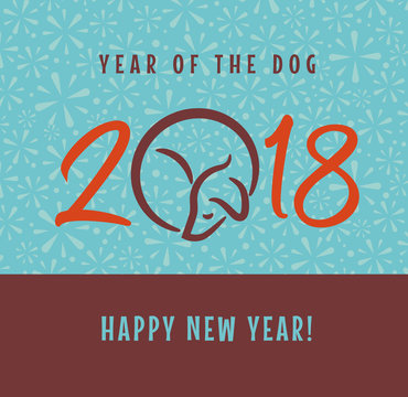 2018 year of the dog happy new year greeting card, poster, banner design. Typography with curled up dog icon.