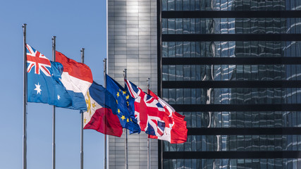 Flags in the business center four towers in Madrid