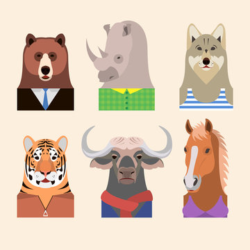 Animals wearing a different dress code, as well as casual wear. Animals: bear, rhino, wolf, tiger, buffalo, horse. Isolated on white background. Design vector illustration.