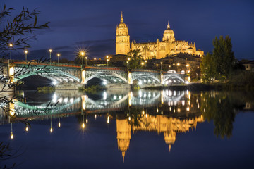 Cathedral of Salamanca and bridge over Tormes river, Spain