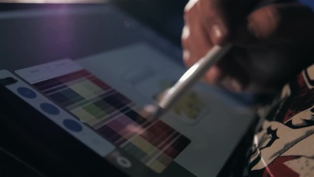 technology, designer and people concept - close up of hands with tablet pc computer choosing color at beauty salon