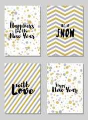 Greeting New Year cards, Let it snow and other text vector templates set. Holiday postcards, banners design collection. Greetings to the start of year, wishes of snow, modern new design cards set.