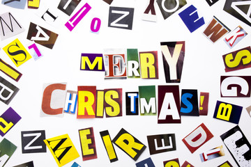 A word writing text showing concept of Merry Christmas made of different magazine newspaper letter for Business case on the white background with copy space