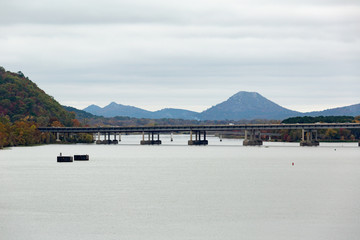 Highway bridge mountains in the distance